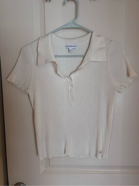 Calvin Klein Jeans Ivory Ribbed Polo Crop Top